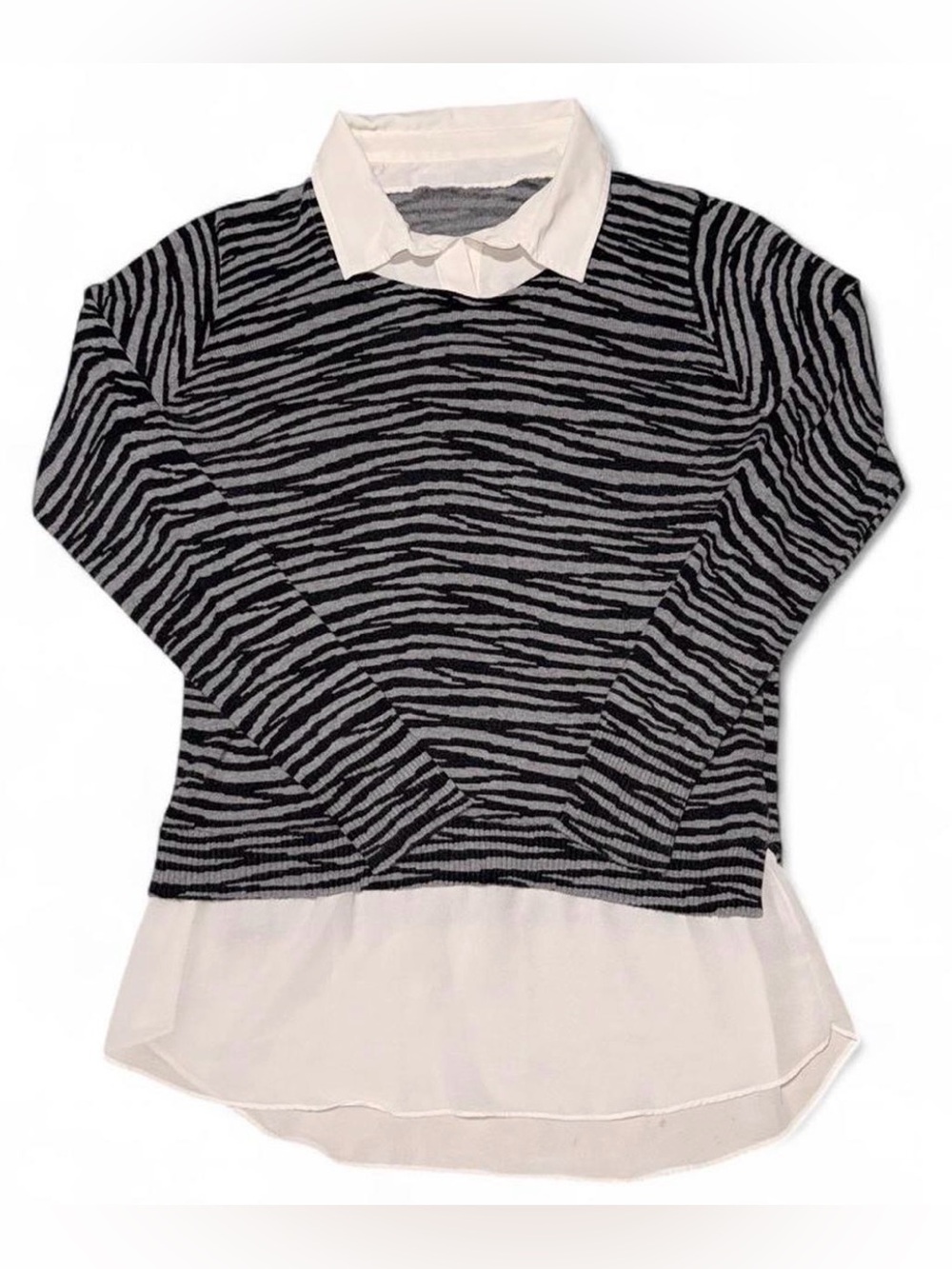 Zebra Print Knit Sweater Collared Blouse Women M